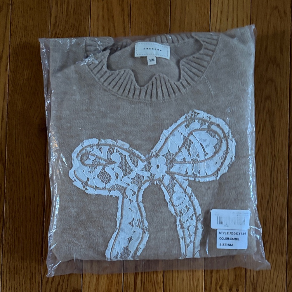 Scallop Neck Camel Sweater with White Lace Bow